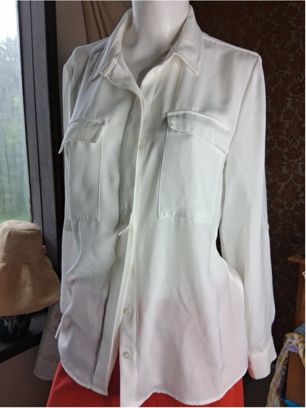 Catherine Malandrino Womens Shirt Cream M Button Up Sleeves